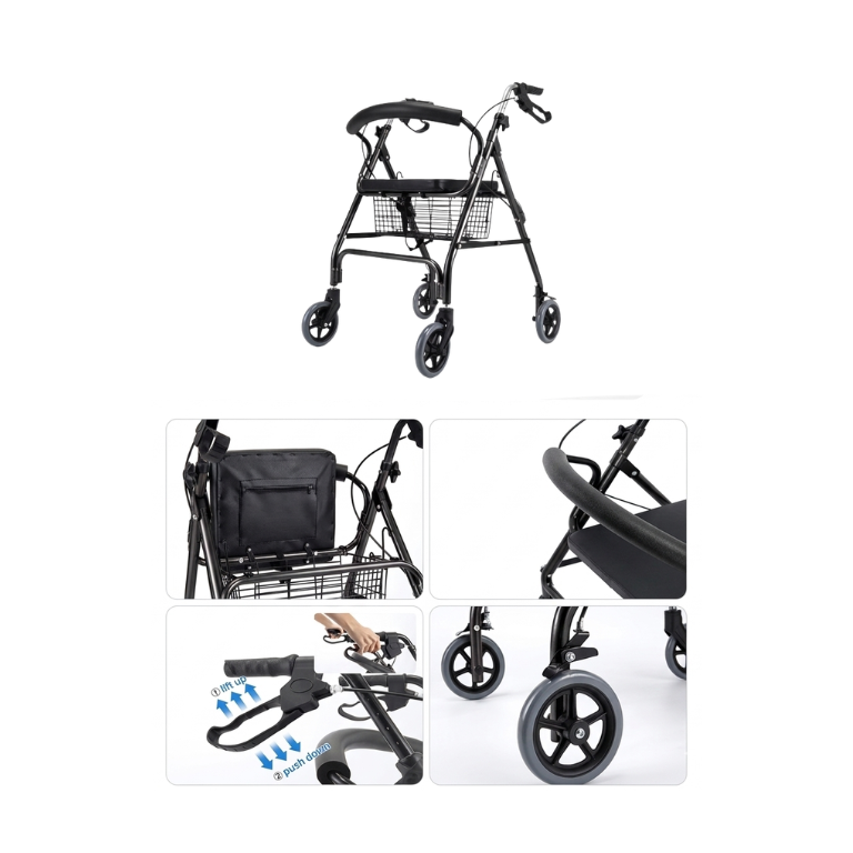 Andadera Rollator plegable con asiento Sagitta (color negro) | Seguridad, Funcionalidad y Bienestar para uso diario